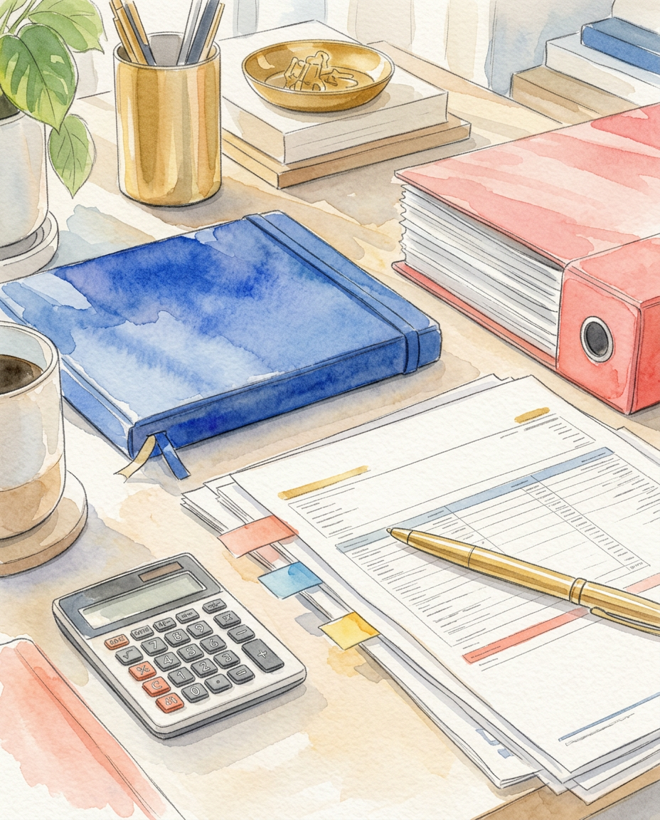 Illustration de documents comptables et d'une calculatrice pour une TPE