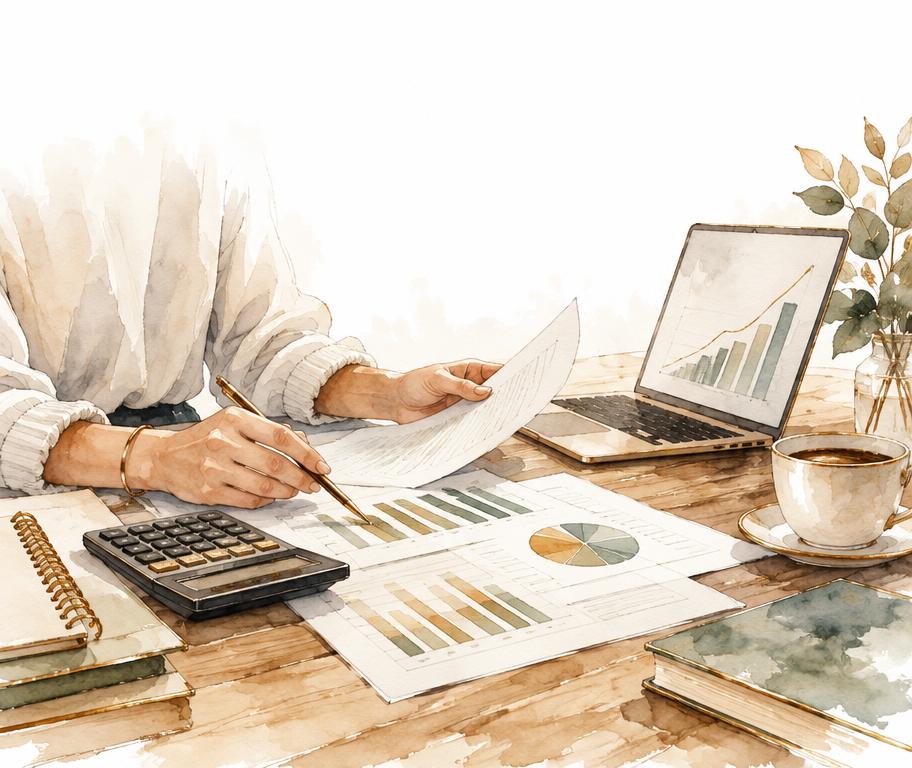 Illustration aquarelle de documents financiers en cours de révision