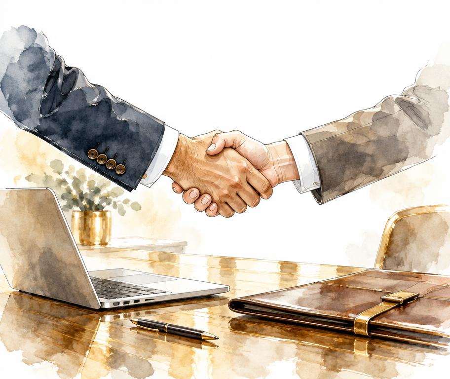 Illustration aquarelle d'une poignée de main autour d'un dossier